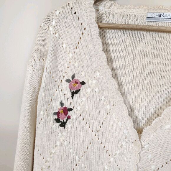 VTG Morsly Embroidered Cardigan Sweater L Ivory Ribbons Flowers Romantic Cottage - Picture 2 of 9